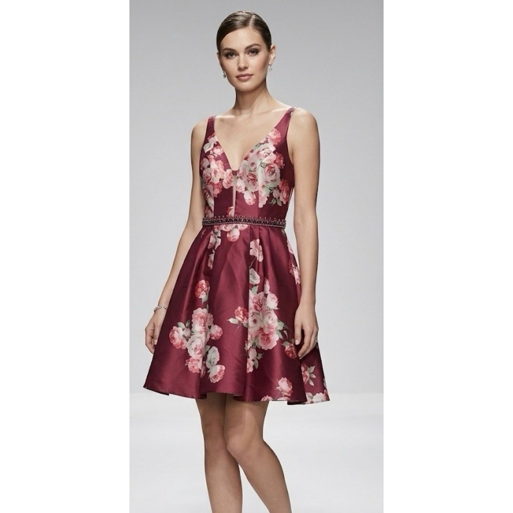 Sherri Hill Womens Wine/Burgundy Floral Cocktail Prom Dress Size 6 Rhinestone